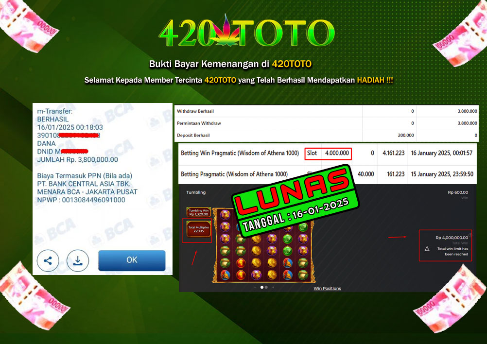 BUKTI KEMENANGAN 420TOTO - PADA PERMAINAN SLOT Betting Win Pragmatic (Wisdom of Athena 1000) 16-01-2025