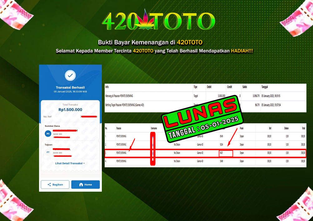 BUKTI KEMENANGAN 420TOTO - PADA PERMAINAN PONTE EVE ( 8 4 2 1 ) 05-01-2025