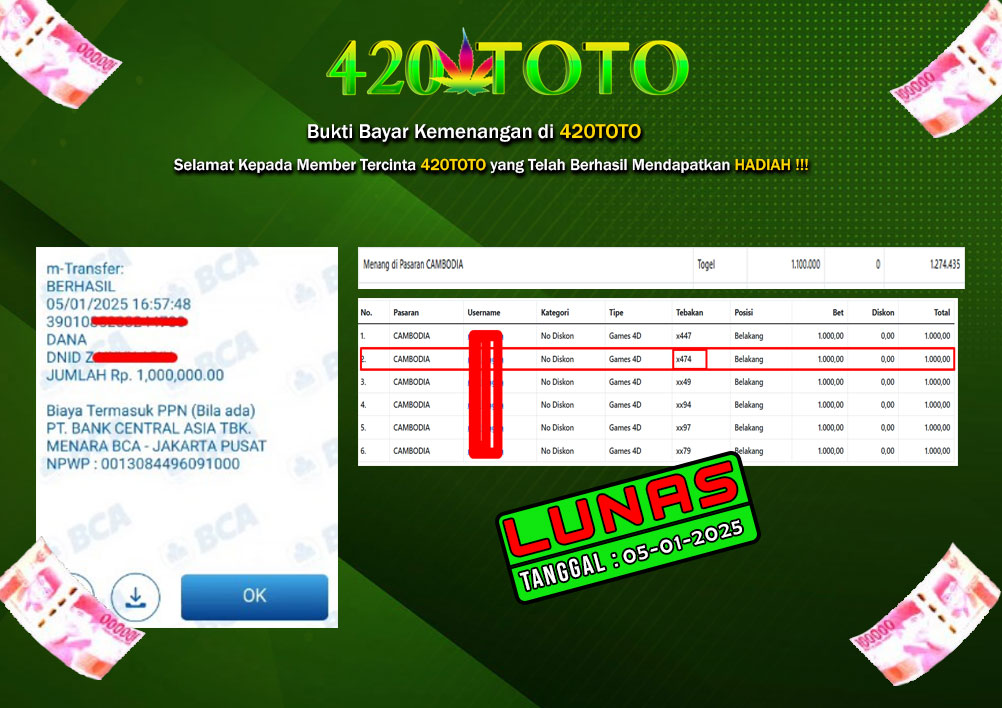 BUKTI KEMENANGAN 420TOTO - PADA PERMAINAN CAMBODIA ( 8 4 7 4 ) 05-01-2025