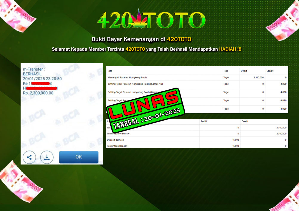 BUKTI KEMENANGAN 420TOTO - PADA PERMAINAN TOGEL PASARAN HONGKONG POOLS ( 3 5 7 2 ) 20-01-2025