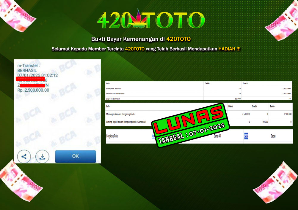 BUKTI KEMENANGAN 420TOTO - PADA PERMAINAN HONGKONG POOLS ( 8 9 6 2 ) 07-01-2025