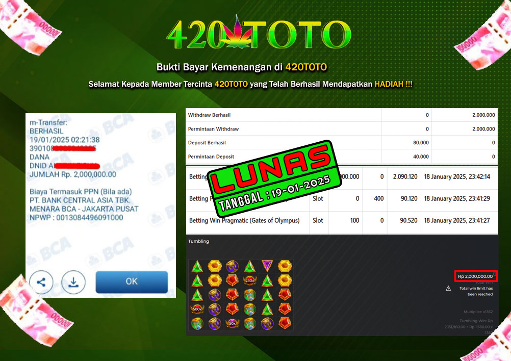 BUKTI KEMENANGAN 420TOTO - PADA PERMAINAN SLOT Betting Win Pragmatic (Gates of Olympus) 19-01-2025